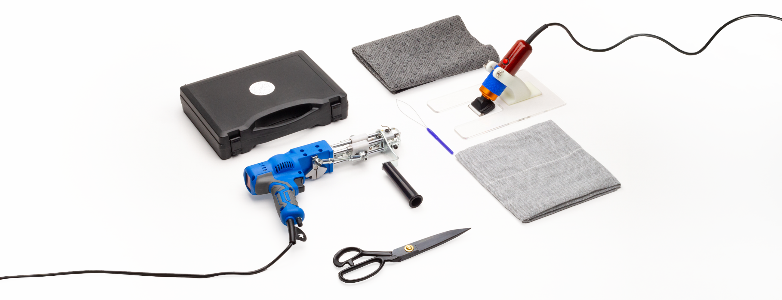 Tufting starter kit complete set – tufting gun, frame, fabric, and yarn shown in hero image layout